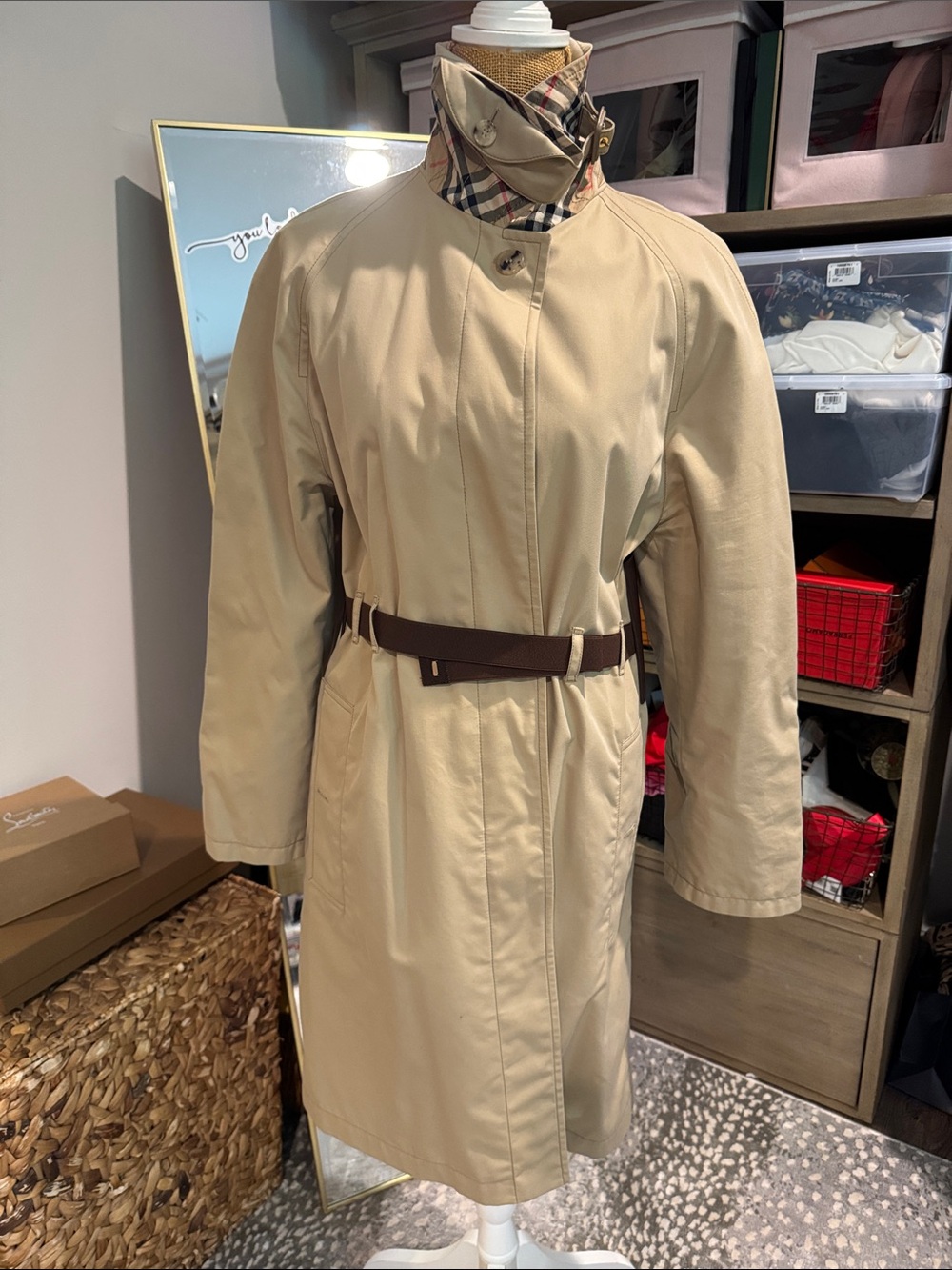 Burberry Beige Trench Coat with Contrast Belt and Checked Collar